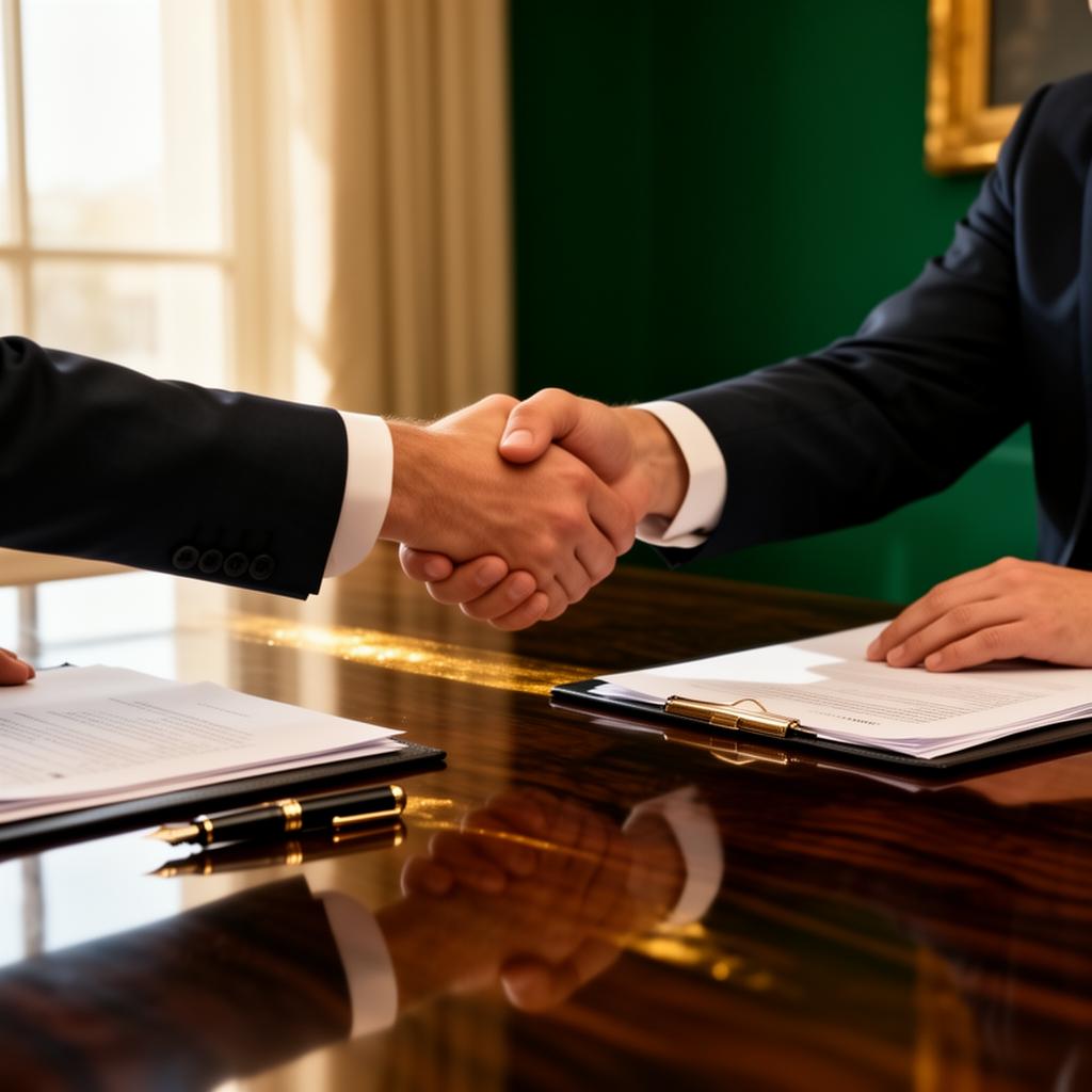 Aperto de mãos institucional sobre mesa de reunião diplomática